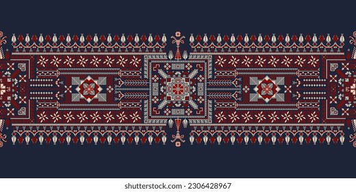 Horizontal pattern, border with traditional Palestinian Tatreez embroidery symbols, vector illustration