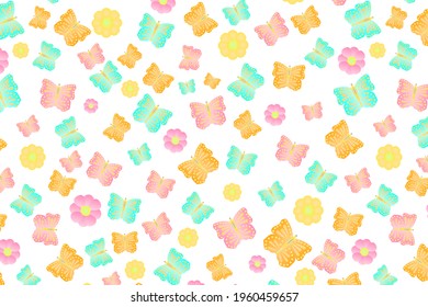horizontal pattern with bright butterflies and pink yellow and blue flowers on a white background