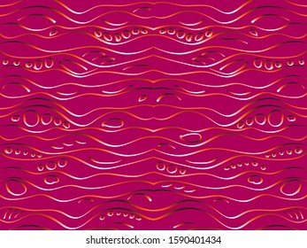 Horizontal pattern bright color burgundy background with horizontal smooth lines and various circles. Wavy lines, air bubbles. Vector illustration, hand brush.