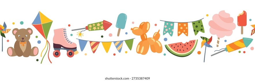 Horizontal pattern with bright fun fair elements. Seamless border with party flags, kite, fireworks, balloon dog, ice cream, pinwheel, cotton candy