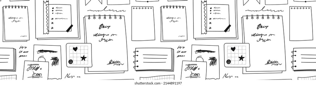 Horizontal pattern checklists covered with notes. Hand-drawn spiral notebooks, checkered notebook sheets. Written abstract text on assorted pieces of paper. Vector illustration on white.