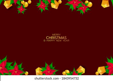 Horizontal pattern with christmas star flowers and golden decorations. Vector illustration EPS10