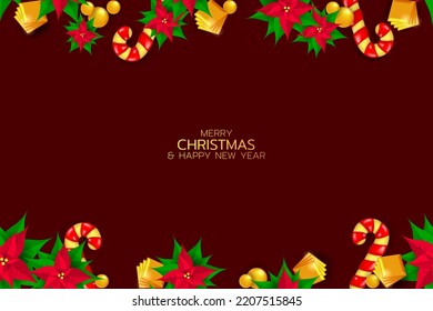 Horizontal pattern with christmas star flowers and golden decorations. Festive vector illustration 