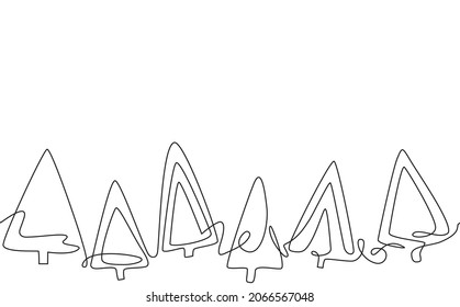  Horizontal Pattern with Christmas trees. Continuous one line drawing style. Vector background.