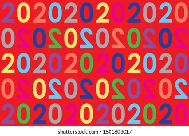 Horizontal pattern of colored numbers 2020 on red background for  topic of greeting on New Year holidays. "2" depending on row are reflected. Colors are arranged randomly. Creative fun style.