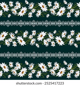 Horizontal pattern with daisies.Vector horizontal pattern with daisies and embroidery on a colored background.