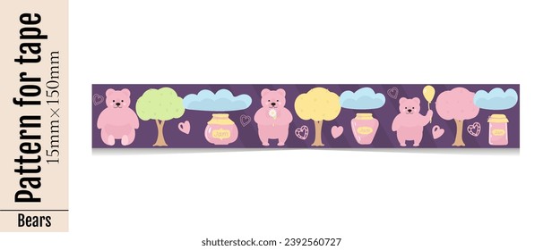 Horizontal pattern for decorative stationery tape with cute pink cartoon bears, trees, hearts. Illustration for printing on the kids stationery. Isolated on a white background.