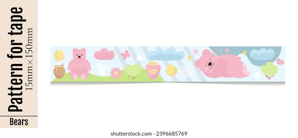 Horizontal pattern for decorative stationery tape with cute pink cartoon bears, clouds, bushes. Illustration for printing on the kids stationery. Isolated on a white background.
