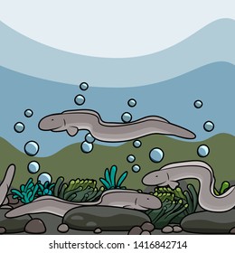 Horizontal pattern of eels under water. Can be used as card, banners, flyers.