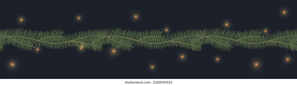 Horizontales Muster mit Tannen und leuchtenden Lichtern, Vektorgrafik.