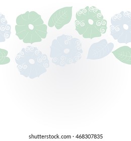     horizontal  pattern of floral motif,  doodles, spirals, object,flowers, leaves, ellipses, hole, copy space. Hand drawn.