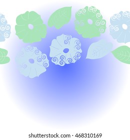    horizontal  pattern of floral motif,  doodles, spirals, object,flowers, leaves, ellipses, hole, copy space. Hand drawn.