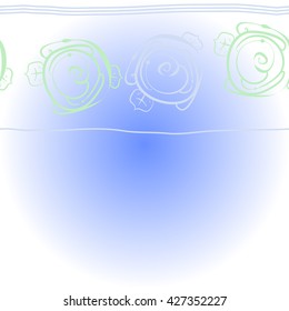 Horizontal     pattern of floral motif, stylized rosy, spirals, leaves,stripes,  hole, copy space. Hand drawn.