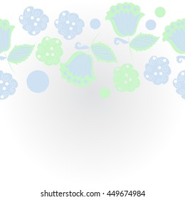    horizontal  pattern of floral motifs, doodles,  object,leaves, flowers, spirals, ellipses, bell, spot. Hand drawn.