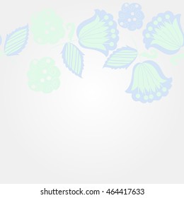   horizontal pattern of floral motifs, doodles,  object,leaves, flowers, spirals, stripes,ellipses, bell, spot. Hand drawn.