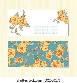 Horizontal pattern with flowers. Beautiful yellow roses on a blue background. card, envelope. Invitation.template. sketch