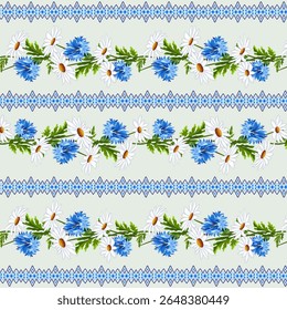 Horizontal pattern with flowers and ornaments.Vector seamless pattern with daisies, cornflowers and beautiful ornament on a light background.