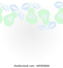    horizontal pattern of fruits, doodles,  object, pears, leaves, grains, hole, copy space. Hand drawn.