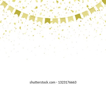 Horizontal pattern golden flags garland and confetti. Carnival garland with pennants for birthday celebration, festival and fair decoration. Golden confetti falling on a white background. Vector
