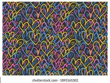 Horizontal pattern of graffiti hearts. Image for a poster or cover. Vector illustration. Repeating texture. Figure for textiles. svg