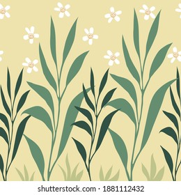 Horizontal pattern with green plants and flowers.
