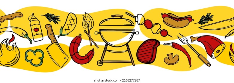 Horizontal pattern with grill and barbecue elements for restaurant bar cafe menu on yellow and white background Vector illustration of doodles