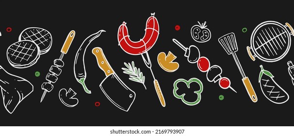 Horizontal pattern with grill and barbecue elements for restaurant bar cafe menu on black background Vector of doodles