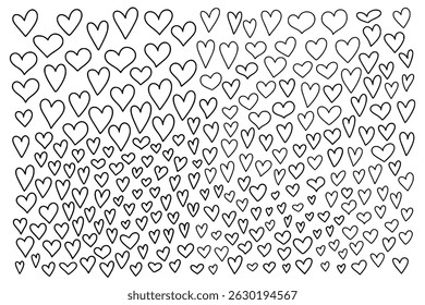 Horizontal pattern of hand drawn outline hearts of different sizes and shapes. Vector print for wrapping paper, wedding card, notebook cover, children's doodles.