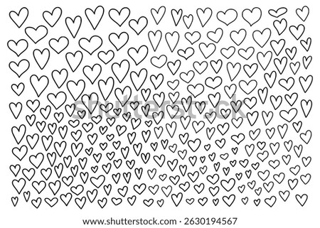 Horizontal pattern of hand drawn outline hearts of different sizes and shapes. Vector print for wrapping paper, wedding card, notebook cover, children's doodles.