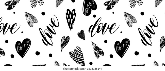 Horizontal pattern with handdrawn texture hearts backgraund for fabric, background, postcard, wallpaper, paper. Vector illustration pattern. Panorama