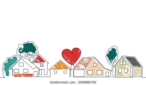 Horizontal Pattern with Houses, trees, Heart and empty space for text. One line drawing style. Vector illustration. Can be yoused as element for background, cover, banner, flyer, social media.