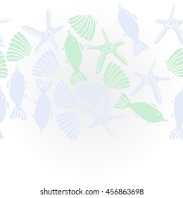   horizontal   pattern of  marine inhibitions , doodles, starfishes, spot, hole,  fishes, shells, object, copy space. Hand drawn.