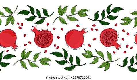 Horizontal pattern with pomegranate and branches with leaves. Summer pattern with fruit and greenery. Doodle style vector image