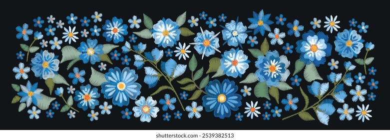 Horizontal pattern with pretty blue embroidery flowers on black background. 