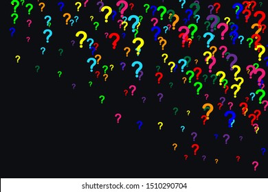 Horizontal pattern of question marks scattered on a black background. Colorful poll template. Design for query background, faq, interrogation,  quiz, poll. Vector illustration