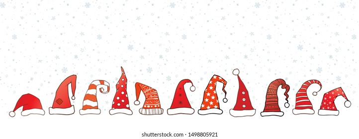 Horizontal pattern with red santa hats on white background.