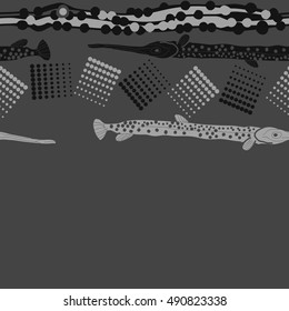 Horizontal pattern of sea fishes, seamless. Hand drawn.