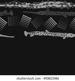 Horizontal pattern of sea fishes, seamless. Hand drawn.