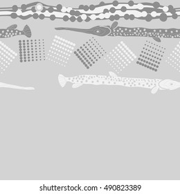 Horizontal pattern of sea fishes, seamless. Hand drawn.