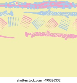 Horizontal pattern of sea fishes, seamless. Hand drawn.