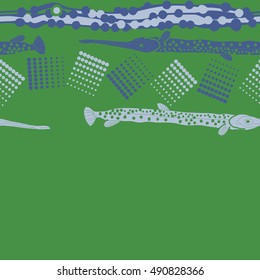 Horizontal pattern of sea fishes, seamless. Hand drawn.