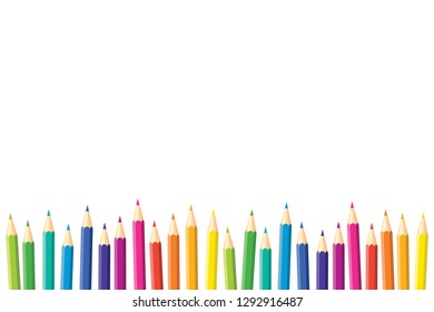 Horizontal pattern. Set of isolated colored pencils with copy space for note, text, on white background. Rainbow colors. Bright print.