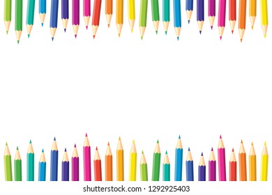 Horizontal pattern. Set of isolated colored pencils with copy space for note, text, on white background Rainbow colors. Bright print
