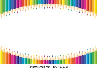 Horizontal pattern. Set of isolated colored pencils arranged arc with copy space for note, text, on white background Rainbow colors. Bright print