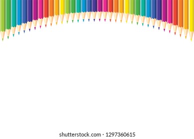 Horizontal pattern. Set of isolated colored pencils arranged arc from above of page with copy space for note, text, on white background. Rainbow colors. Bright print.