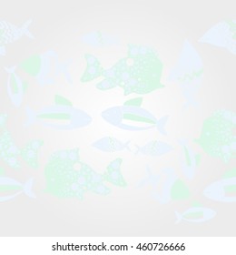   horizontal pattern of  stylized  motif, doodles,  spot,fishes,ellipses, zigzag, copy space . Hand drawn.