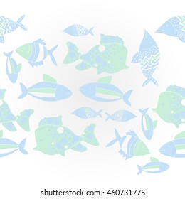  horizontal pattern of  stylized  motif, doodles,  spot,fishes,ellipses, zigzag, copy space . Hand drawn.