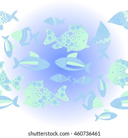   horizontal pattern of  stylized  motif, doodles,  spot,fishes,ellipses, zigzag, copy space . Hand drawn.