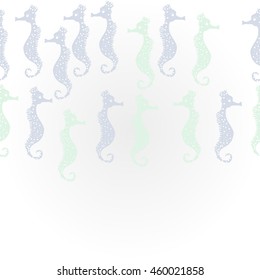   horizontal  pattern of  stylized  sea  motif, doodles,  spot,hole,sea Horses, spirals, object, copy space  . Hand drawn.