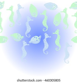   horizontal  pattern of  stylized  sea  motif, doodles,  spot,hole,sea Horses, shells, cowries, spirals, object, copy space . Hand drawn.